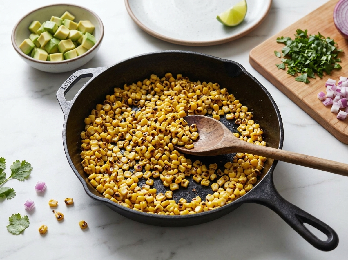 Blistered corn kernels with dark spots sizzling in a cast-iron skillet as a wooden spoon pushes them across the pan
