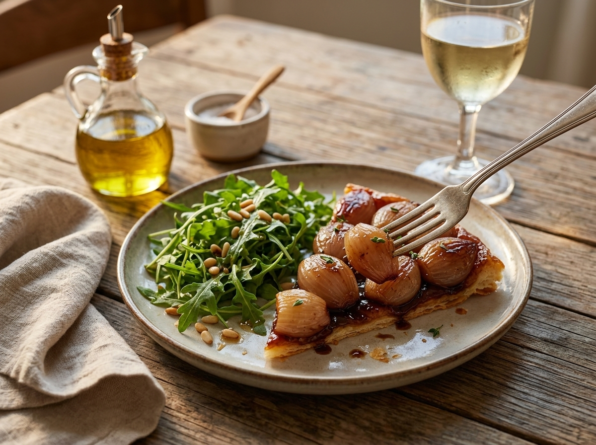 Wedge of savory tart on a plate beside arugula salad and a glass of white wine at a linen-set table
