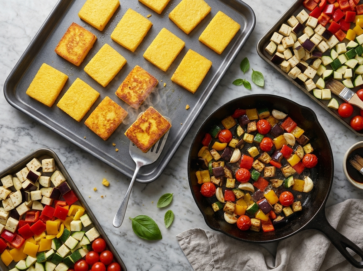 Spatula flipping browned polenta pieces on a sheet pan beside blistered peppers and eggplant