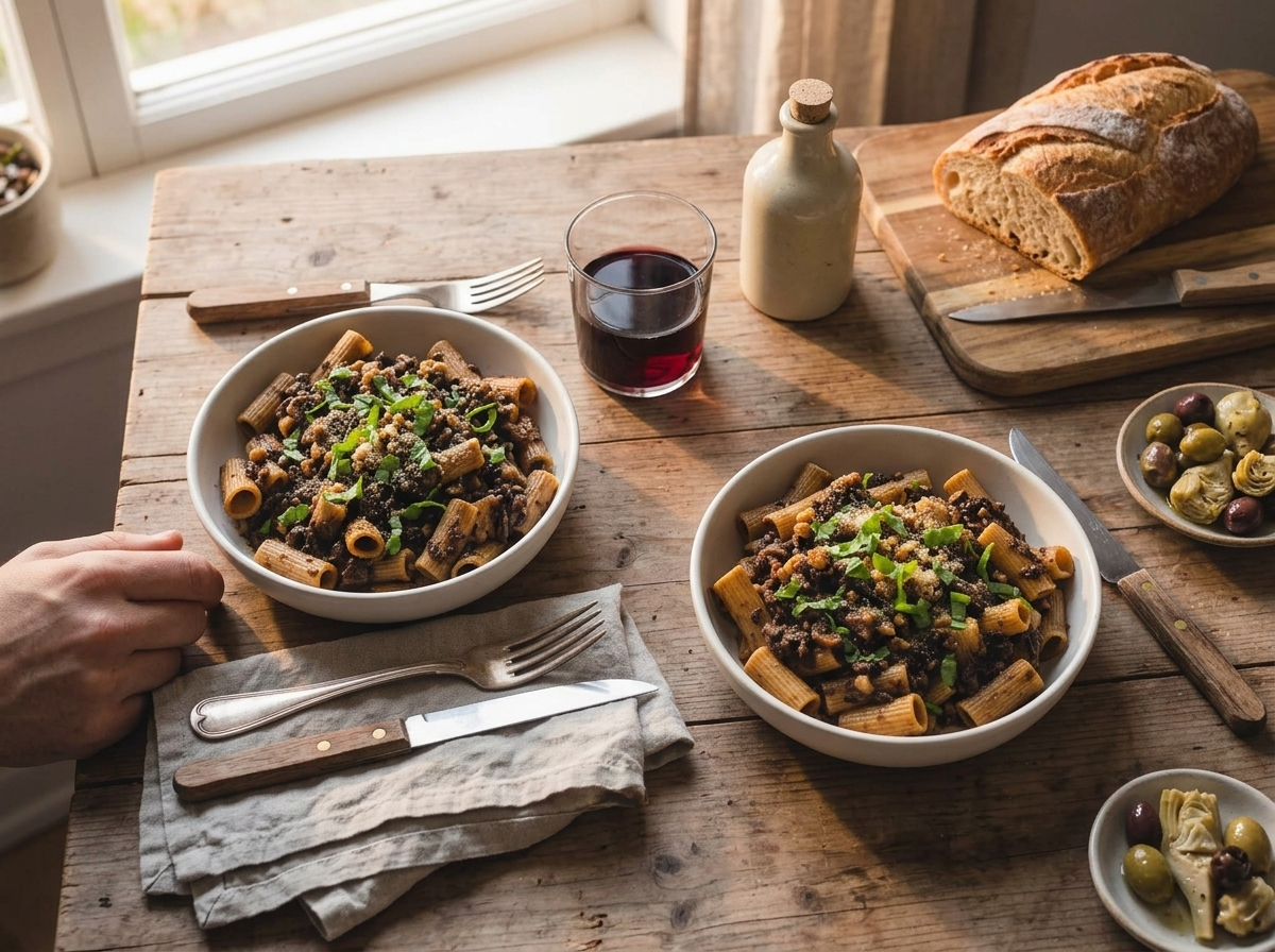 Two bowls of pasta, a crusty loaf, and a glass of red wine set for a weeknight dinner by a sunny window