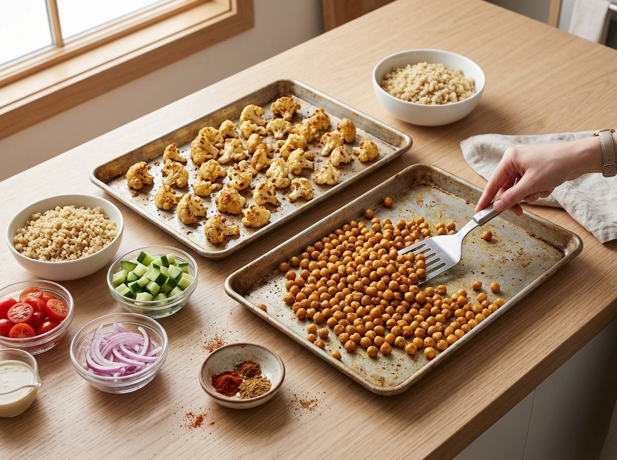 Spice-coated chickpeas and browned cauliflower florets spread on two sheet pans, one being stirred with a spatula