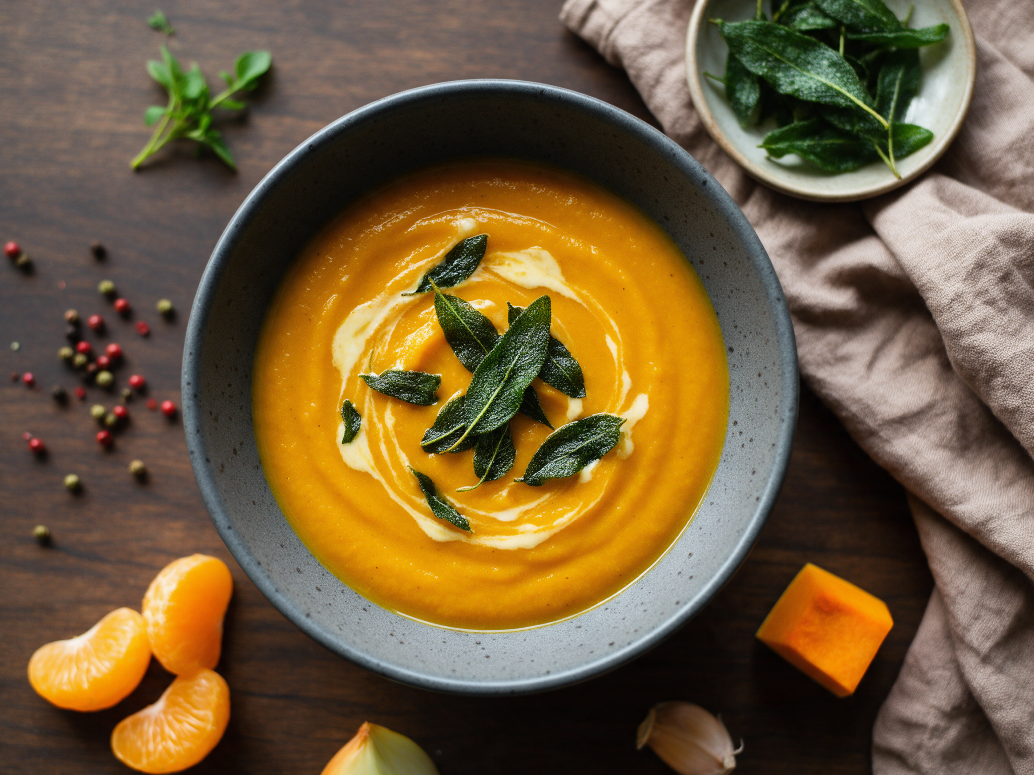Golden butternut squash soup topped with crisp fried sage leaves in a ceramic bowl
