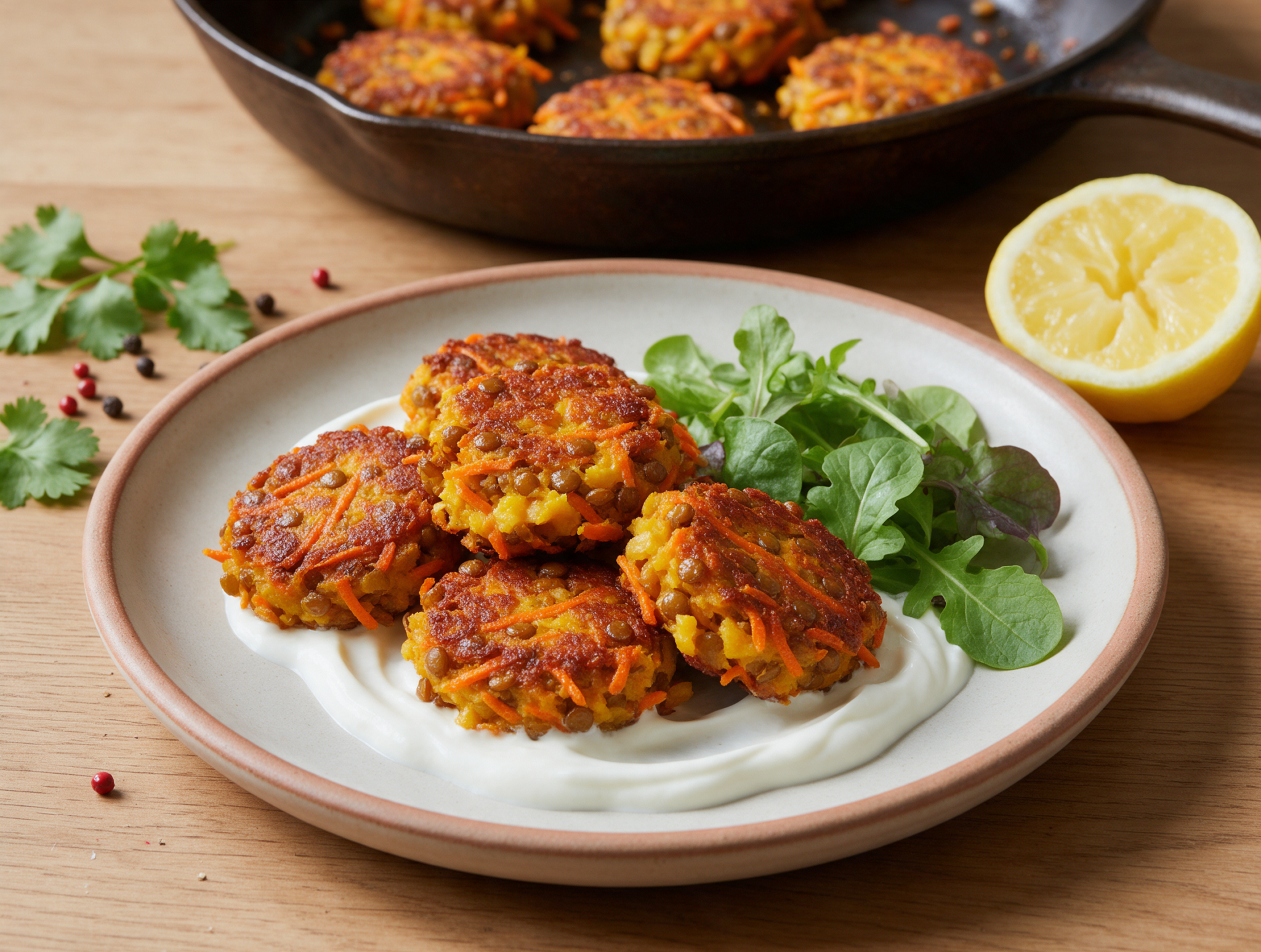 Golden carrot and lentil fritters on a plate with yogurt sauce and green salad leaves