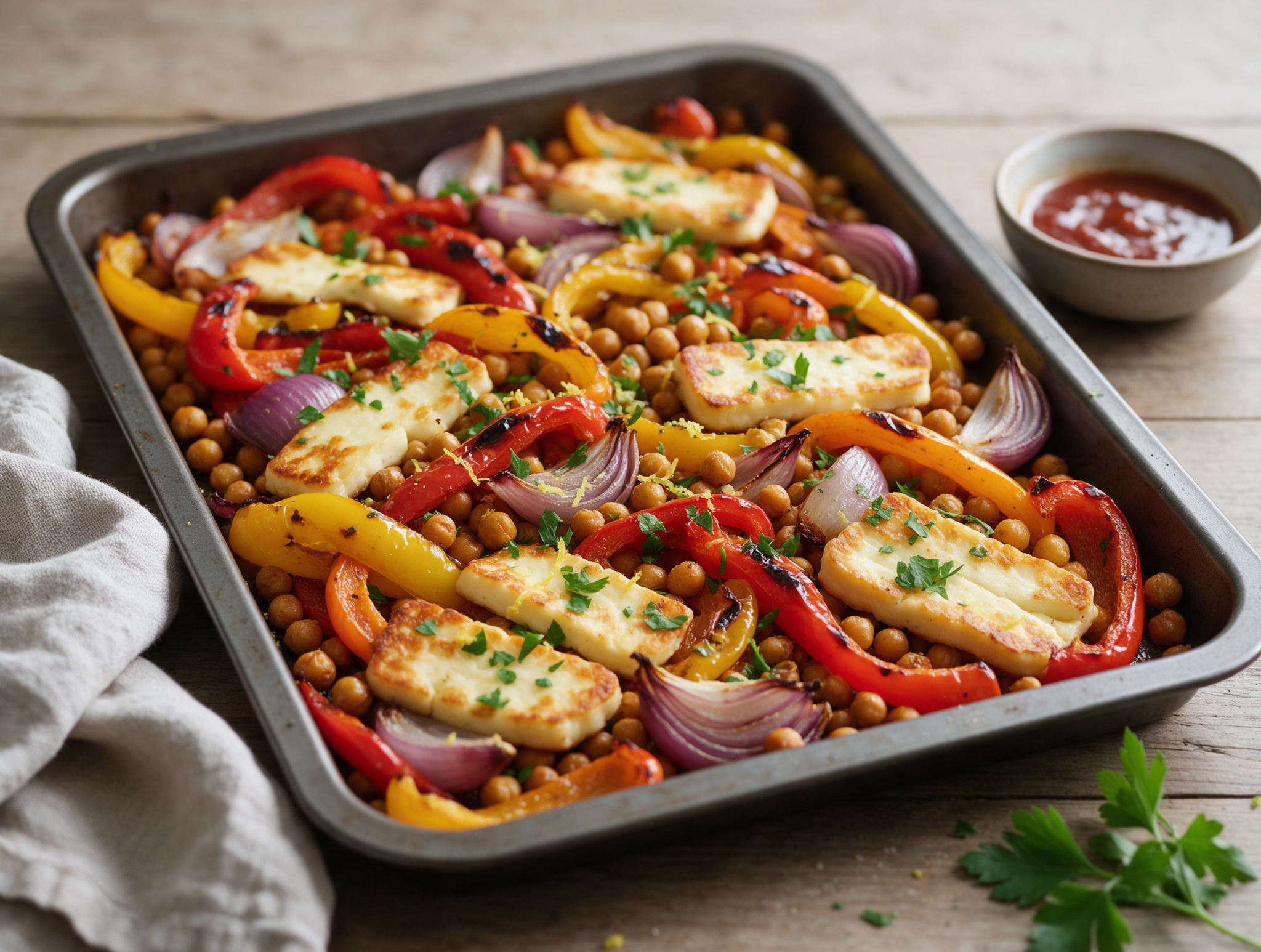 Overhead view of a sheet pan with blistered peppers, golden halloumi and chickpeas, parsley on top
