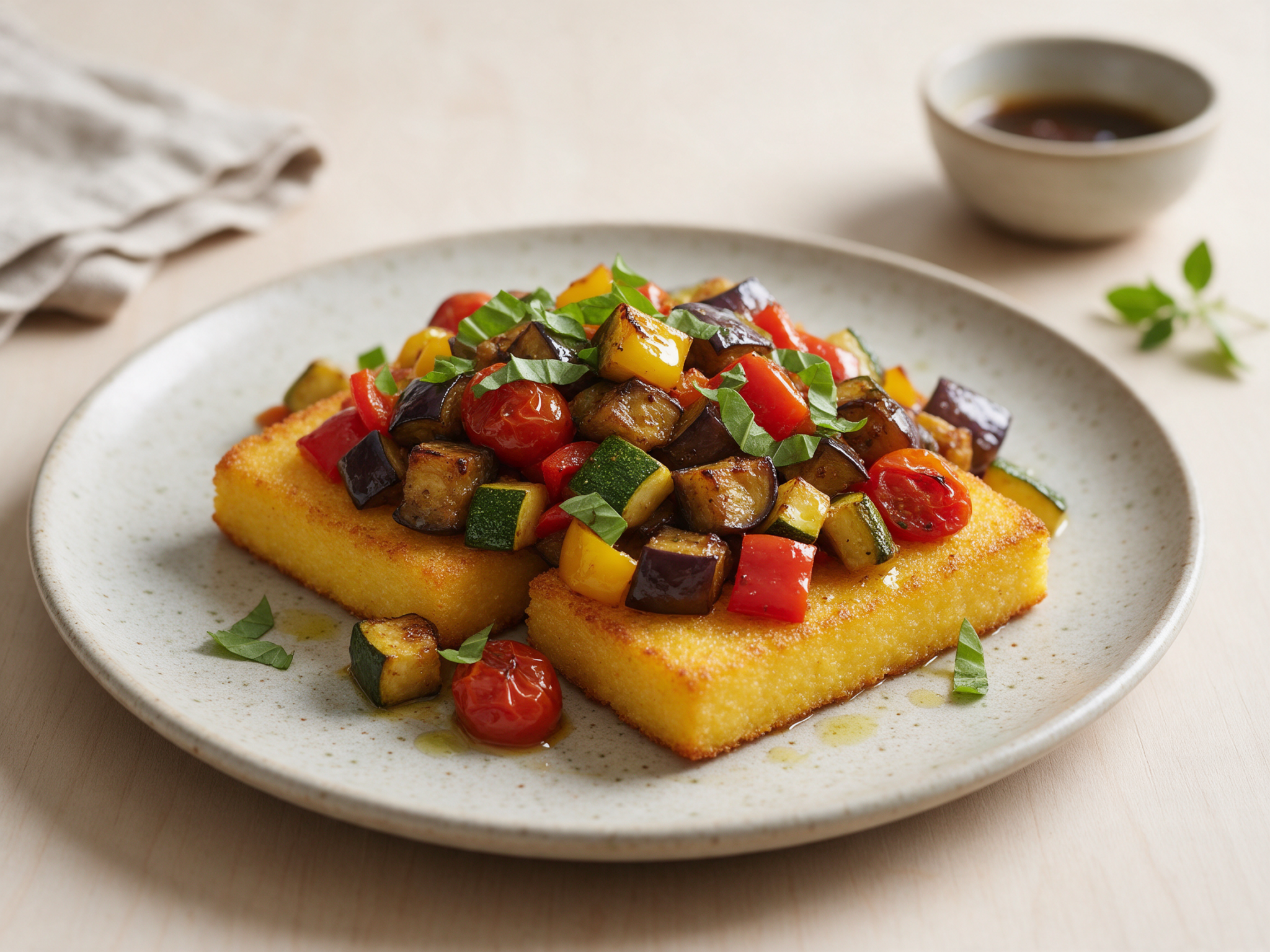Golden polenta rectangles topped with glossy roasted ratatouille and torn basil on a speckled plate
