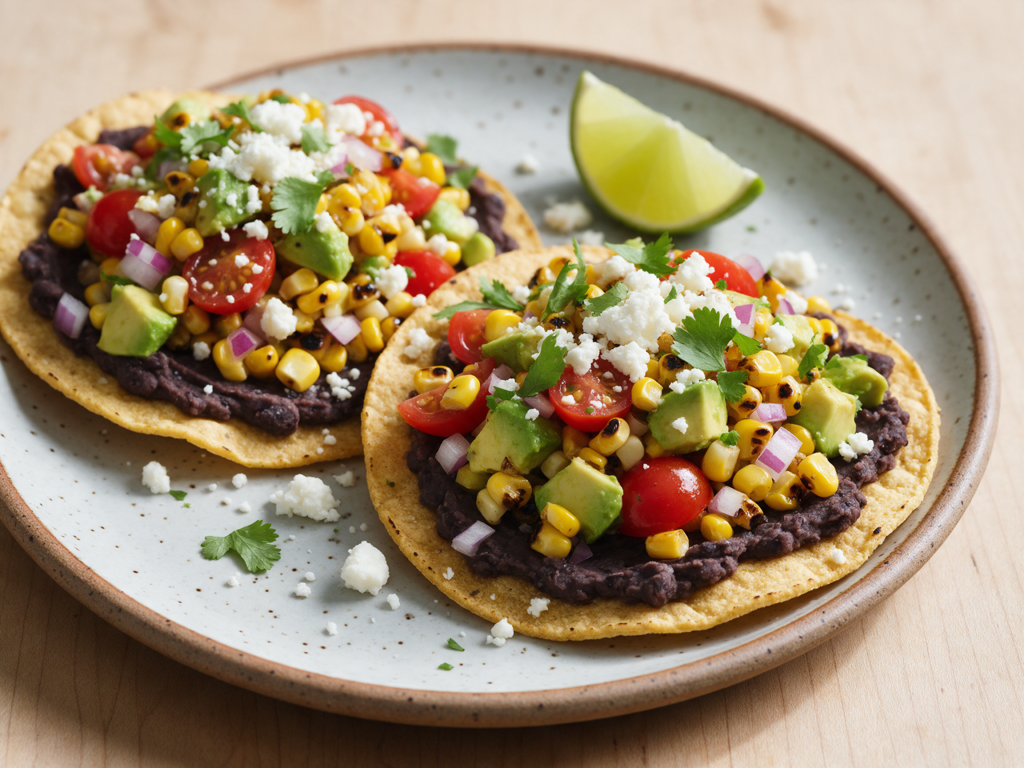 Overhead view of two charred corn and avocado salsa tostadas on a speckled plate with lime wedges and cilantro