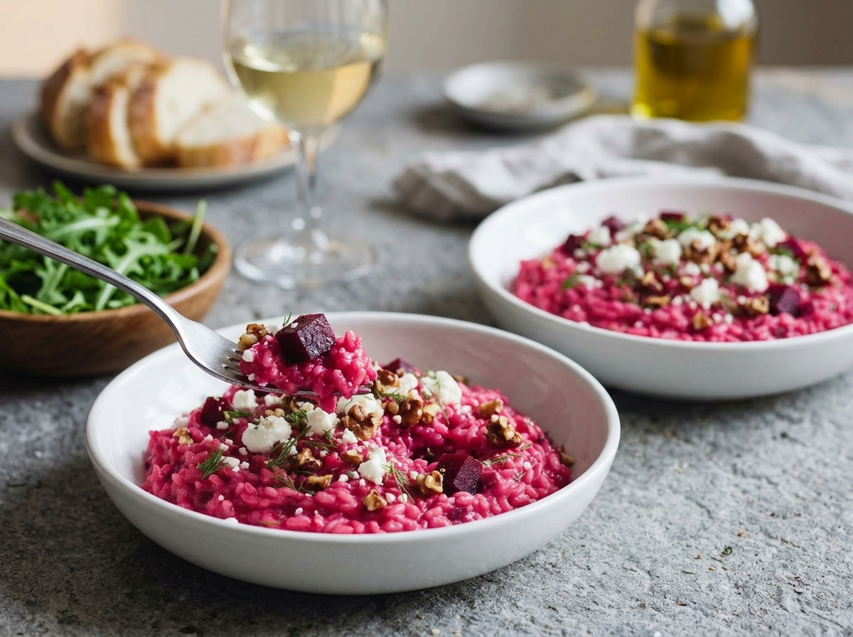 Two bowls of beetroot risotto on a linen-draped table beside arugula salad, white wine and sliced bread in window light
