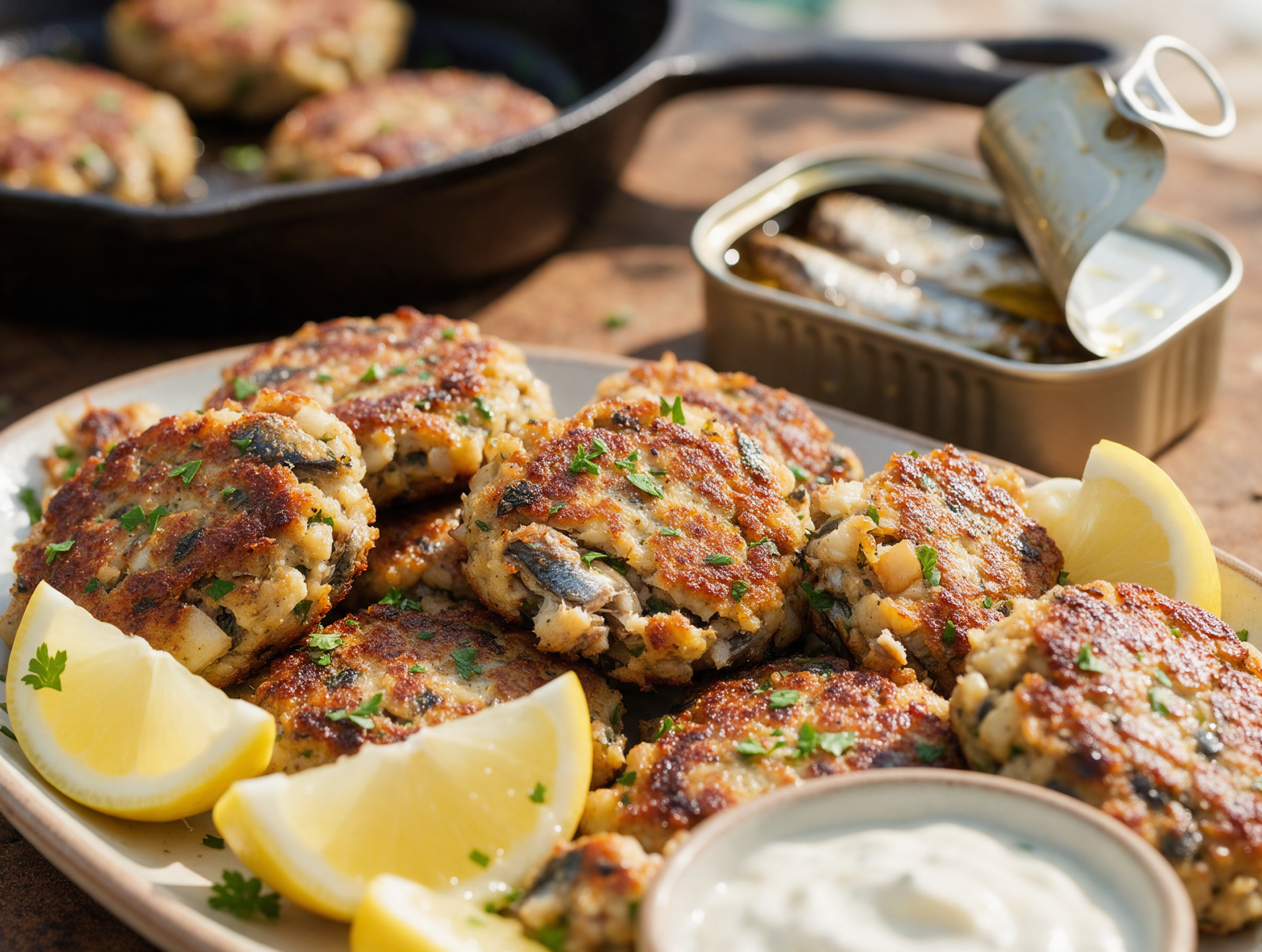 Small golden sardine patties with parsley on a plate with lemon wedges and creamy dip