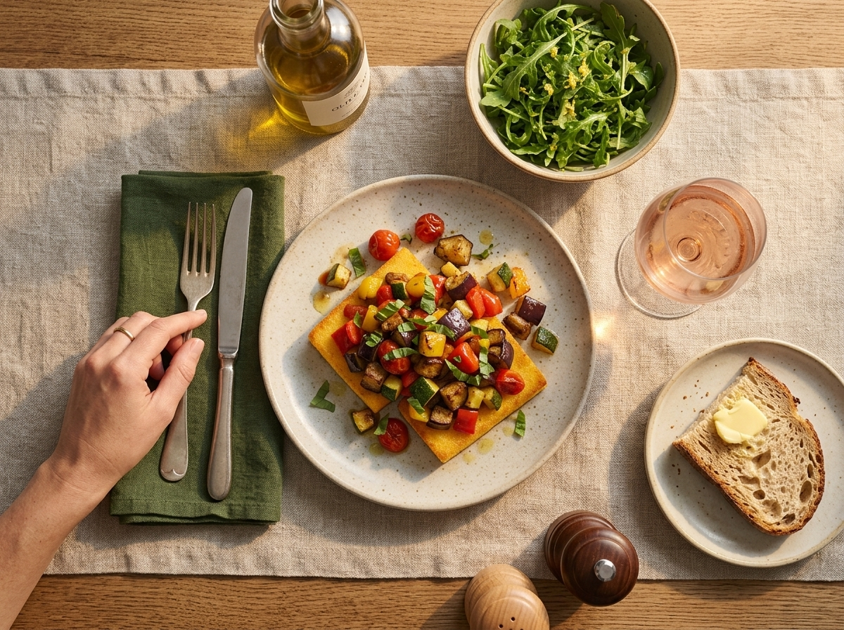 Two bowls of polenta and ratatouille on a linen-covered table with rosé and a bowl of arugula