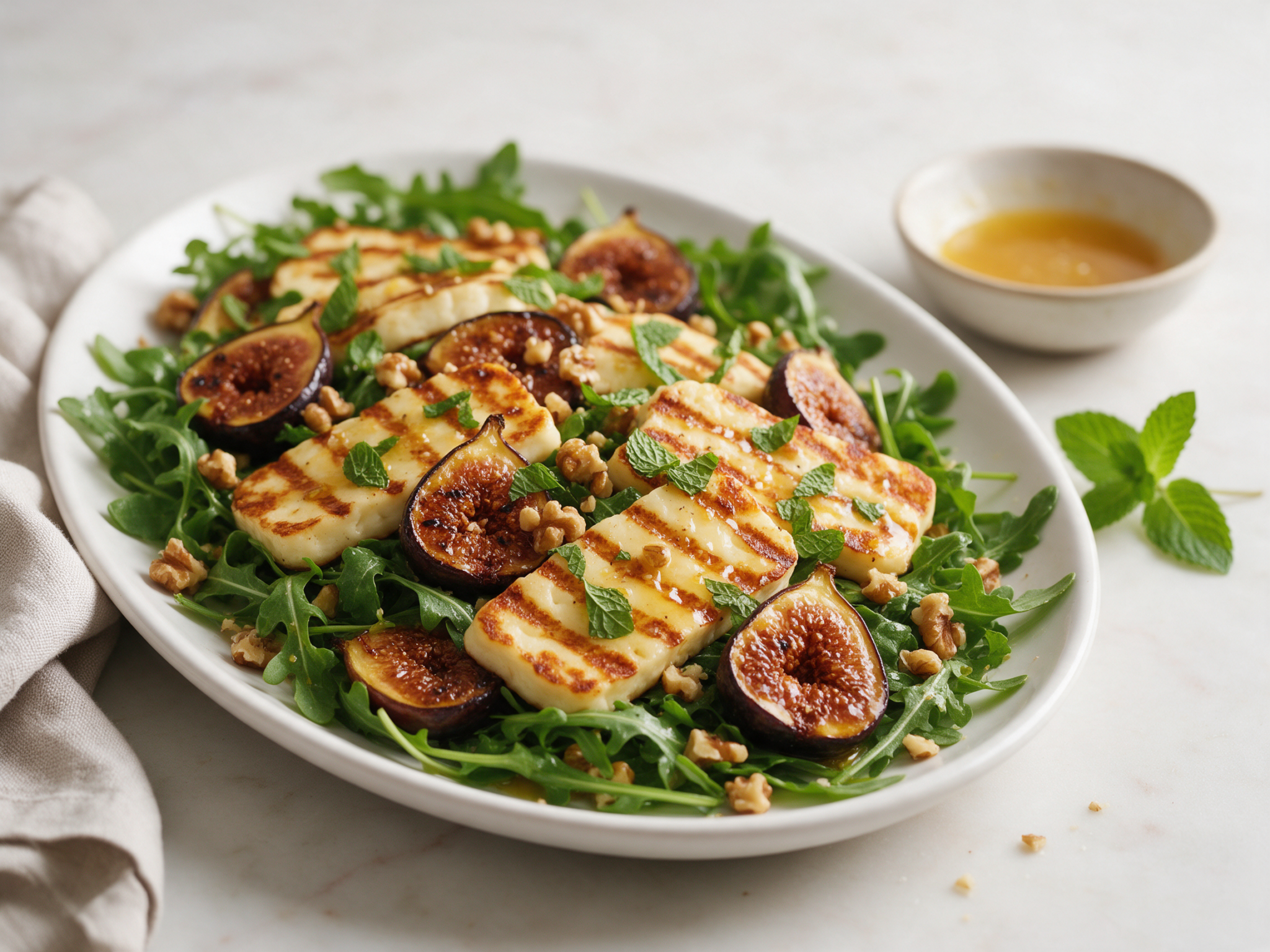 Overhead view of golden halloumi slices and charred fig halves over arugula on a white ceramic platter