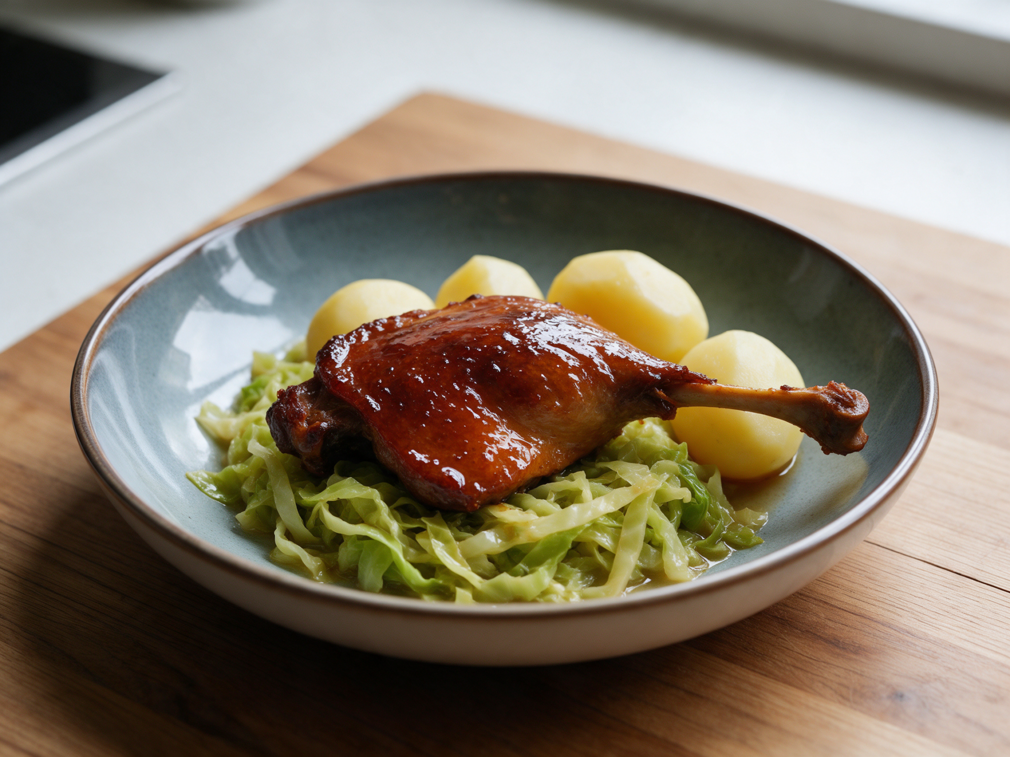 Lacquered honey glazed duck leg resting on soft braised cabbage on a deep plate