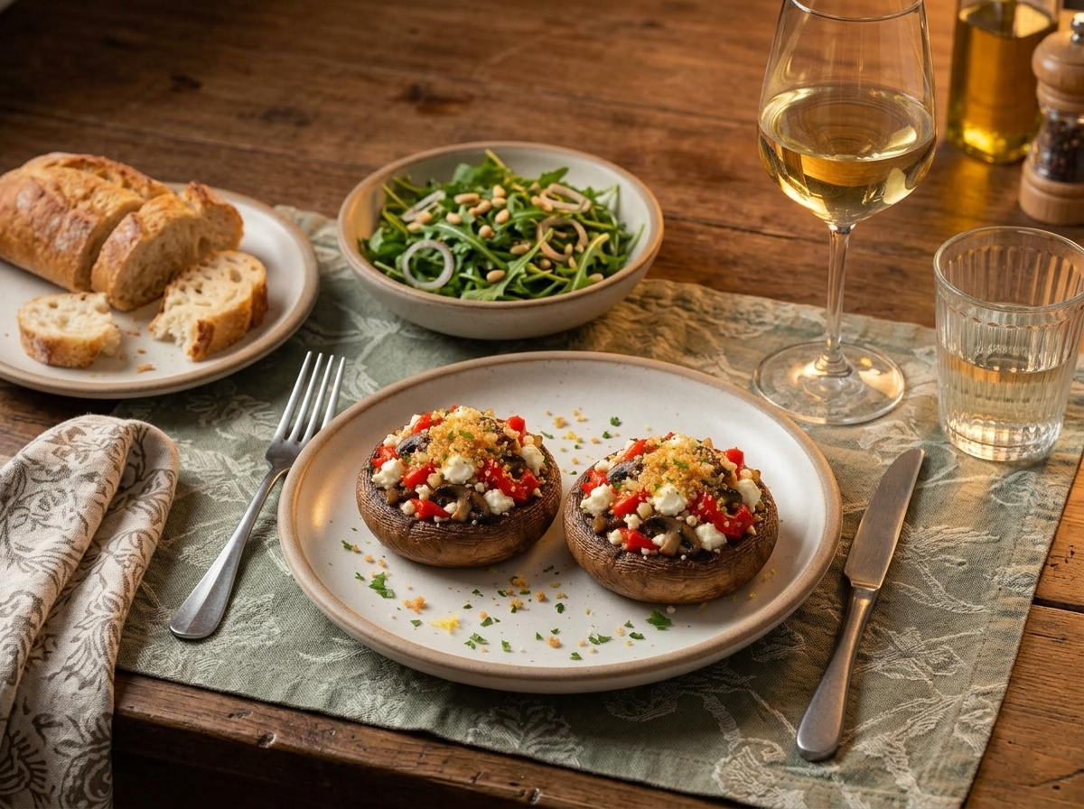 Small plates of warm stuffed mushrooms with arugula salad and sliced bread at a casual dinner table