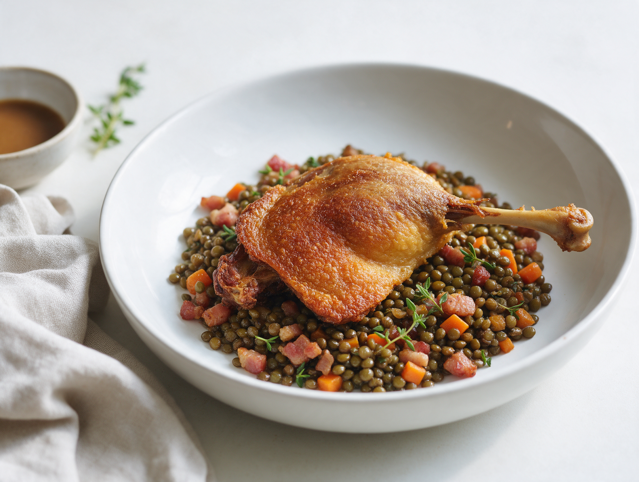 Crisp-skinned duck leg on braised Puy lentils with bacon and thyme in a shallow bowl
