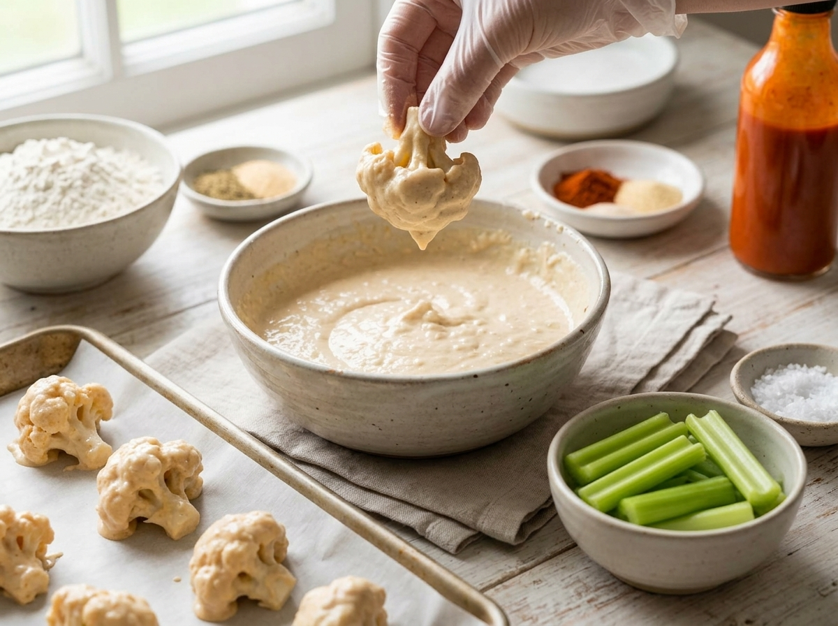Hand lifting a batter-coated cauliflower floret over a bowl to drip off excess before it goes on parchment