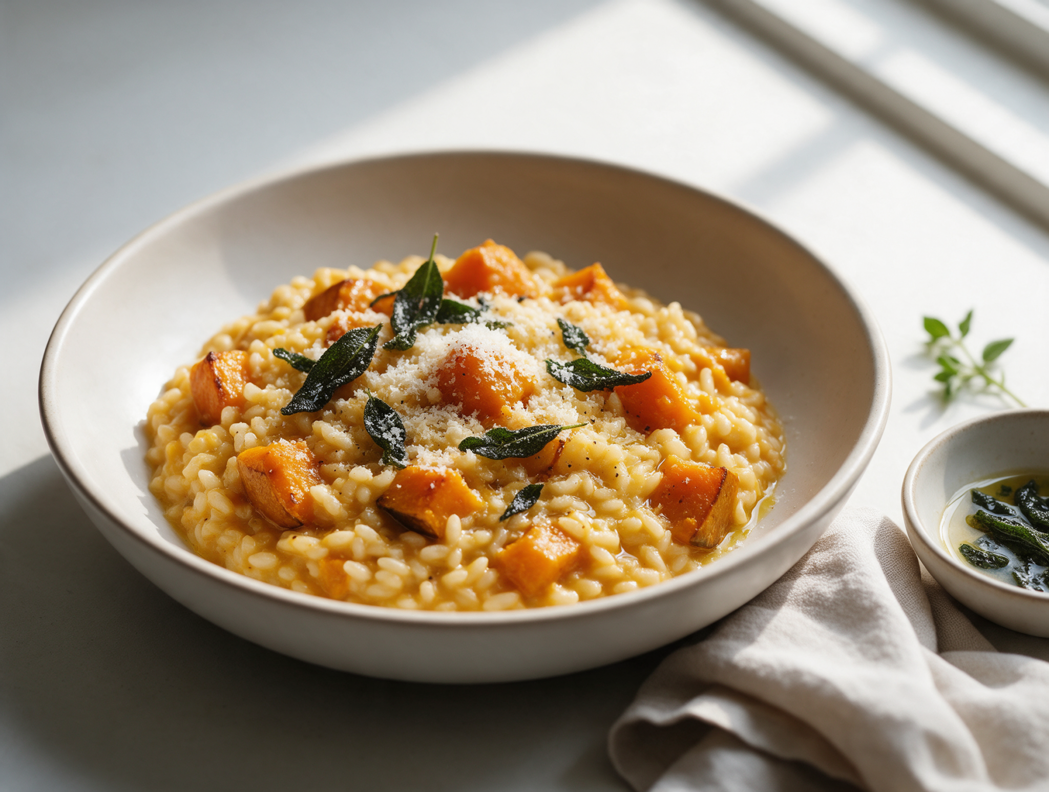 Golden roasted pumpkin risotto with pumpkin chunks, parmesan and crisp sage in a wide bowl