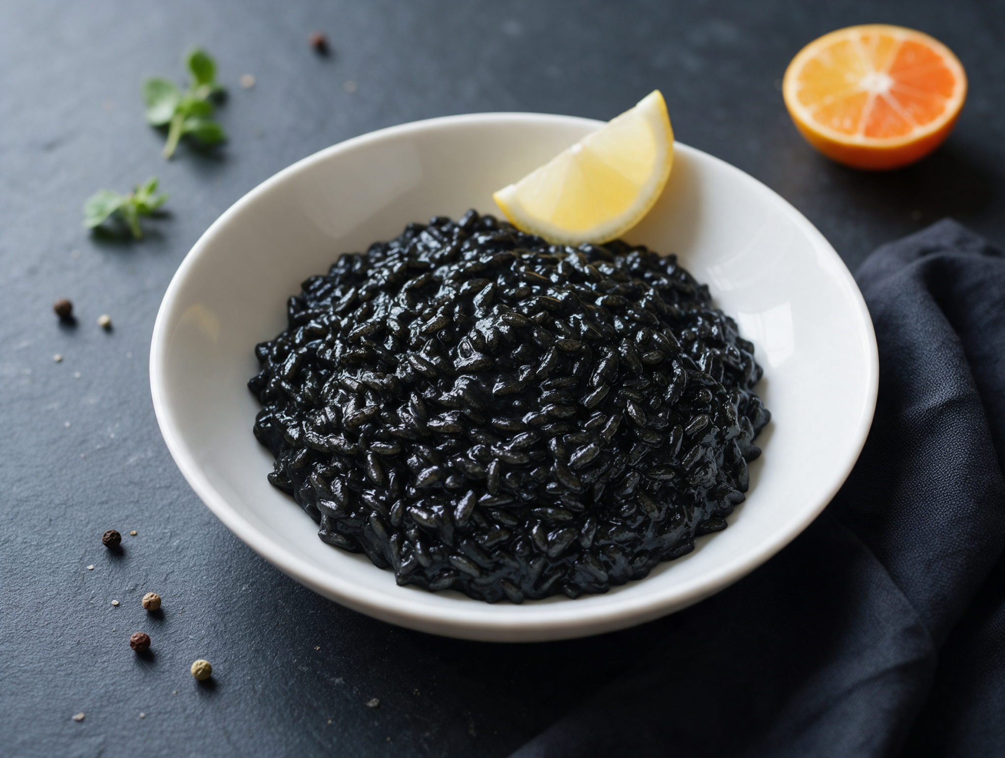 Glossy black cuttlefish ink risotto in a white shallow bowl with a lemon wedge