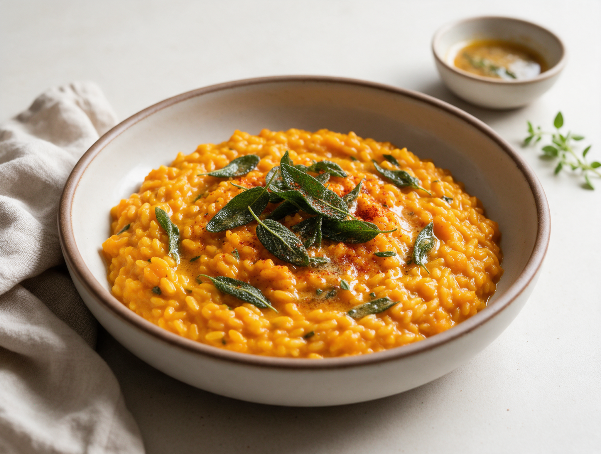 Orange spiced pumpkin risotto with crisp sage leaves and browned butter in a ceramic bowl