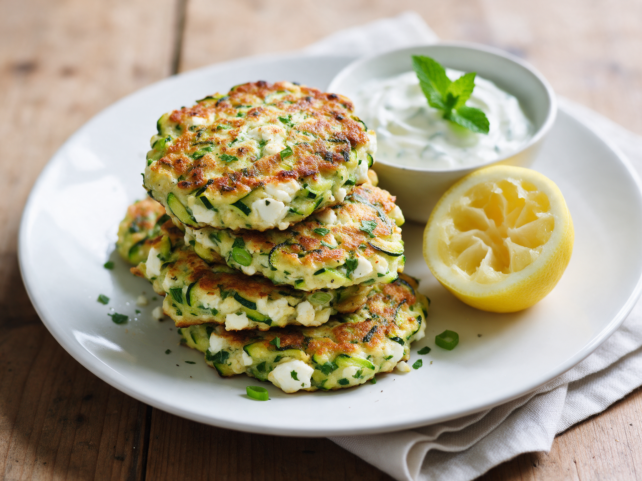 Golden courgette and feta fritters stacked on a white plate beside a bowl of yogurt sauce on a linen cloth