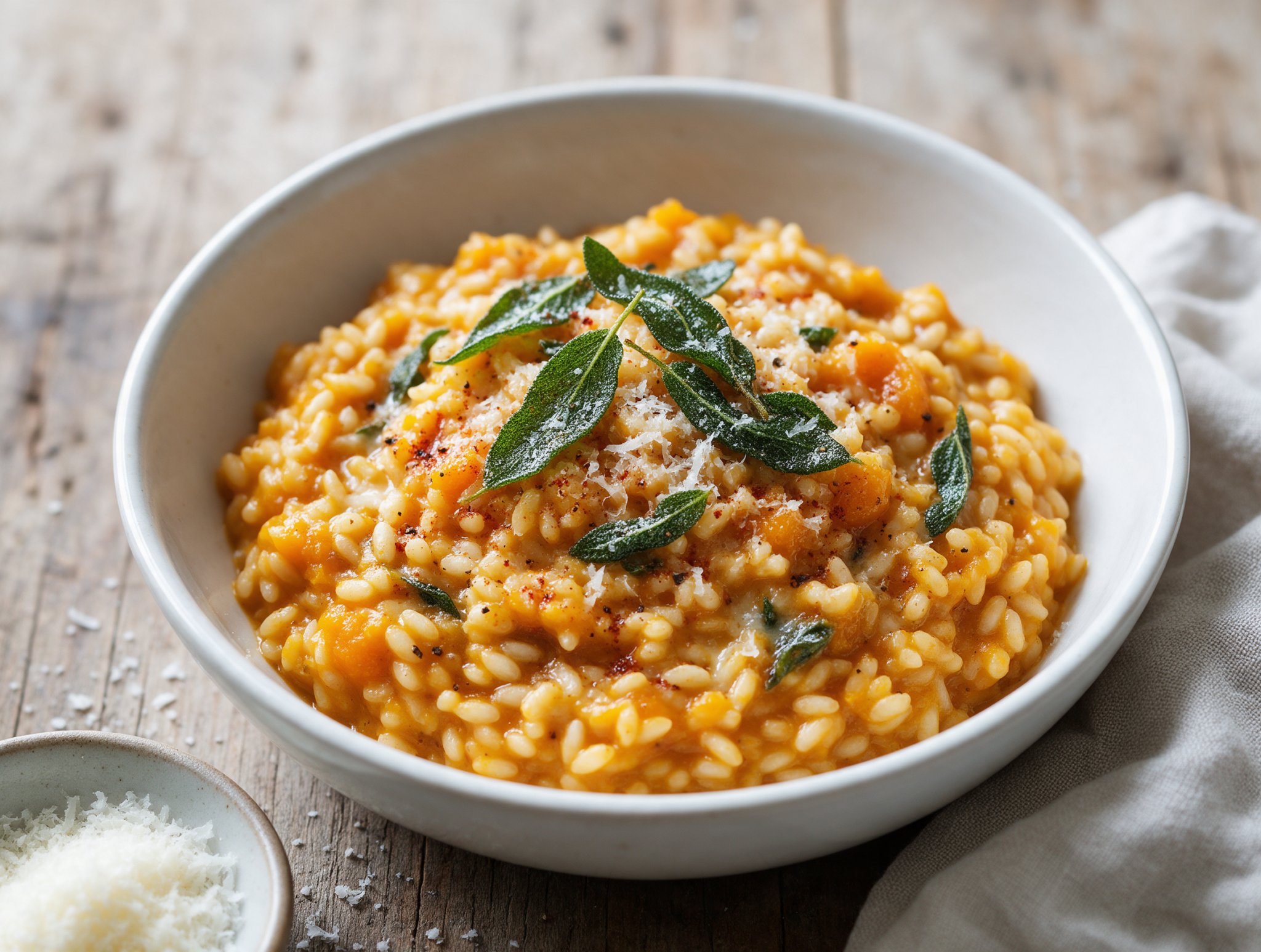 Shallow white bowl of orange pumpkin risotto topped with crisp sage leaves and grated Parmesan on a wooden table