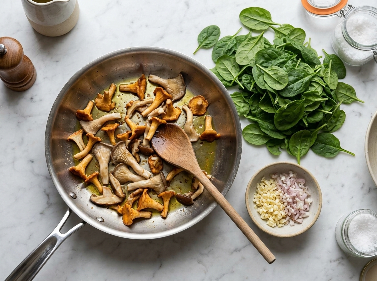 Torn chanterelle and oyster pieces browning in a wide skillet while a wooden spoon stirs, spinach piled nearby