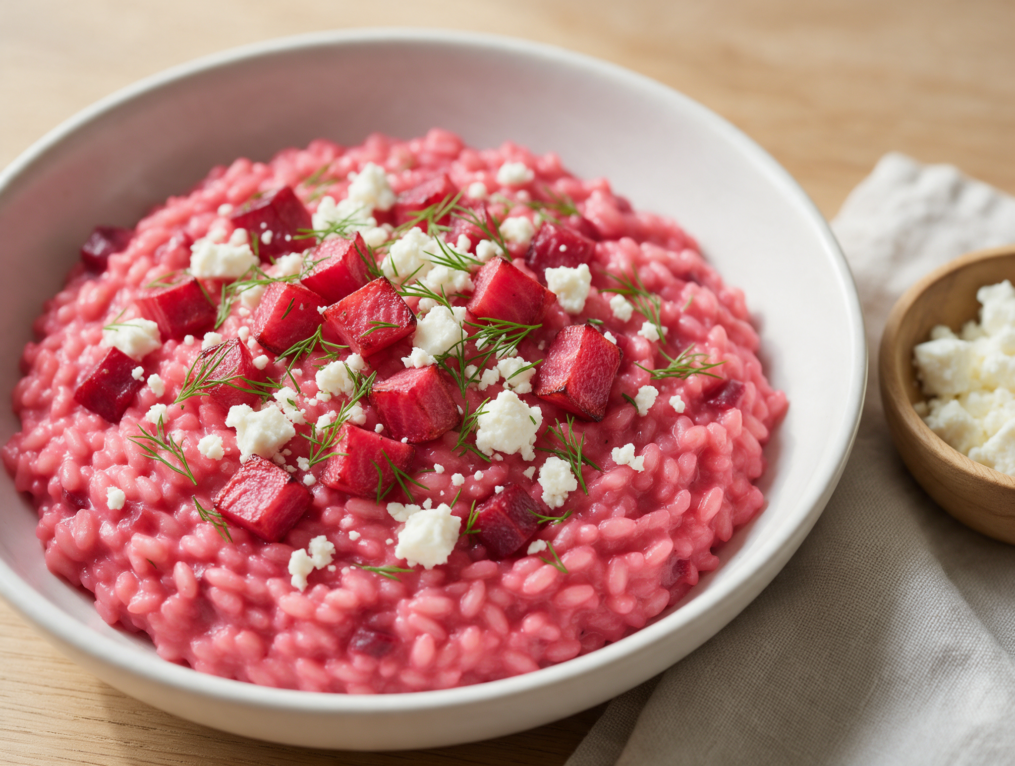 Pink beetroot risotto topped with feta crumbles, dill and roasted beet cubes in a white bowl