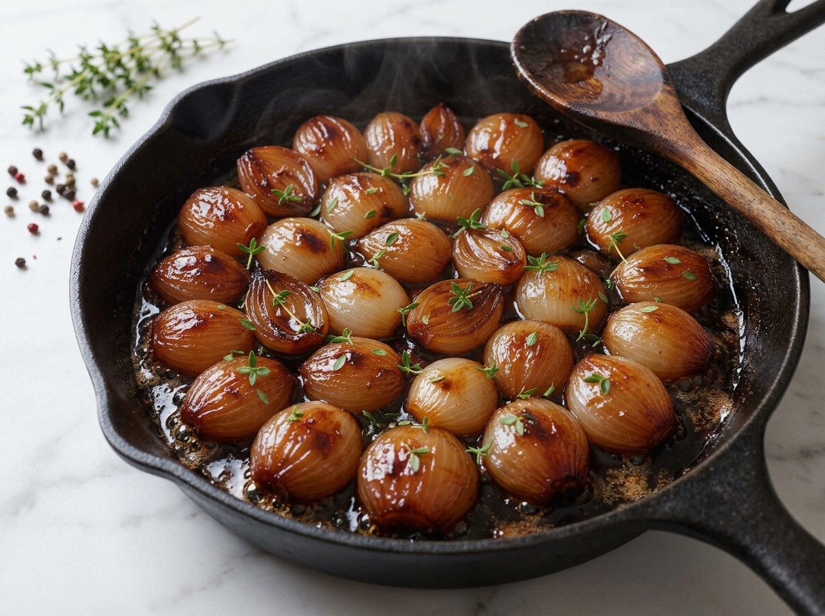 Shallot halves browning cut-side down in butter and balsamic syrup in a cast-iron skillet with thyme sprigs