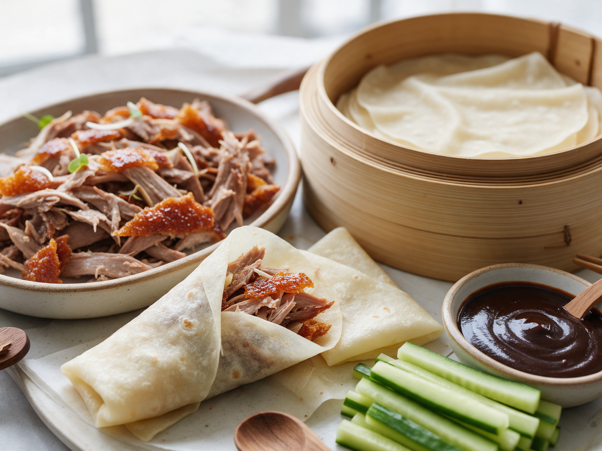 Shredded crispy duck with mandarin pancakes, hoisin and cucumber batons on a table