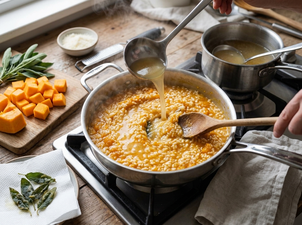 Wooden spoon stirring arborio rice and pumpkin purée in a deep sauté pan as hot stock is ladled in