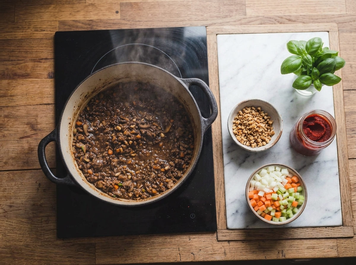 Wooden spoon stirring browned mushroom crumbs and diced onion in a Dutch oven before the tomatoes go in