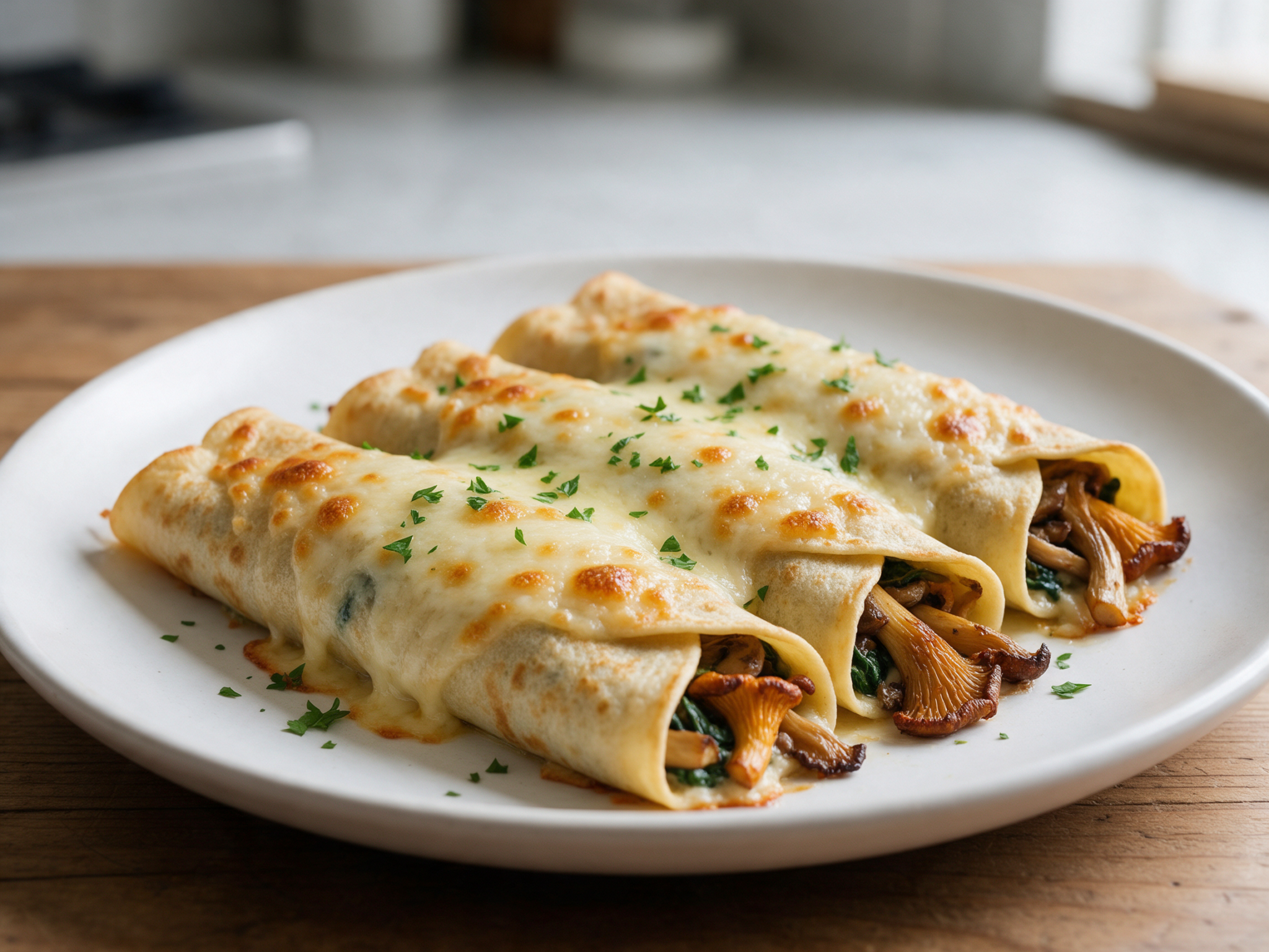 Baked crepes rolled seam-side down in a white dish under browned Gruyère, with mushrooms and parsley on top