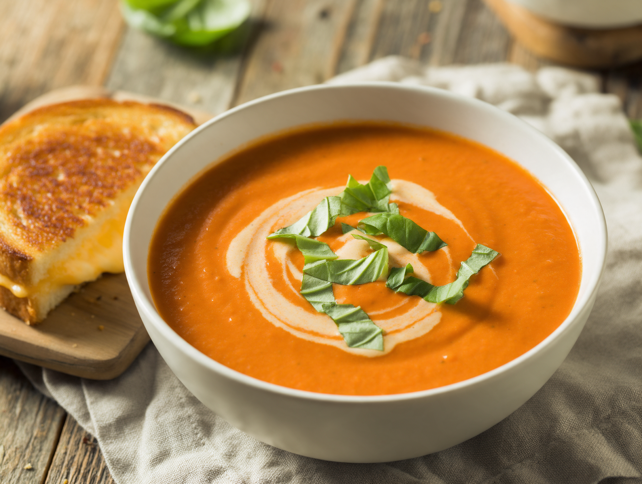 Bowl of red pepper tomato soup with a cream swirl and basil beside a grilled cheese half