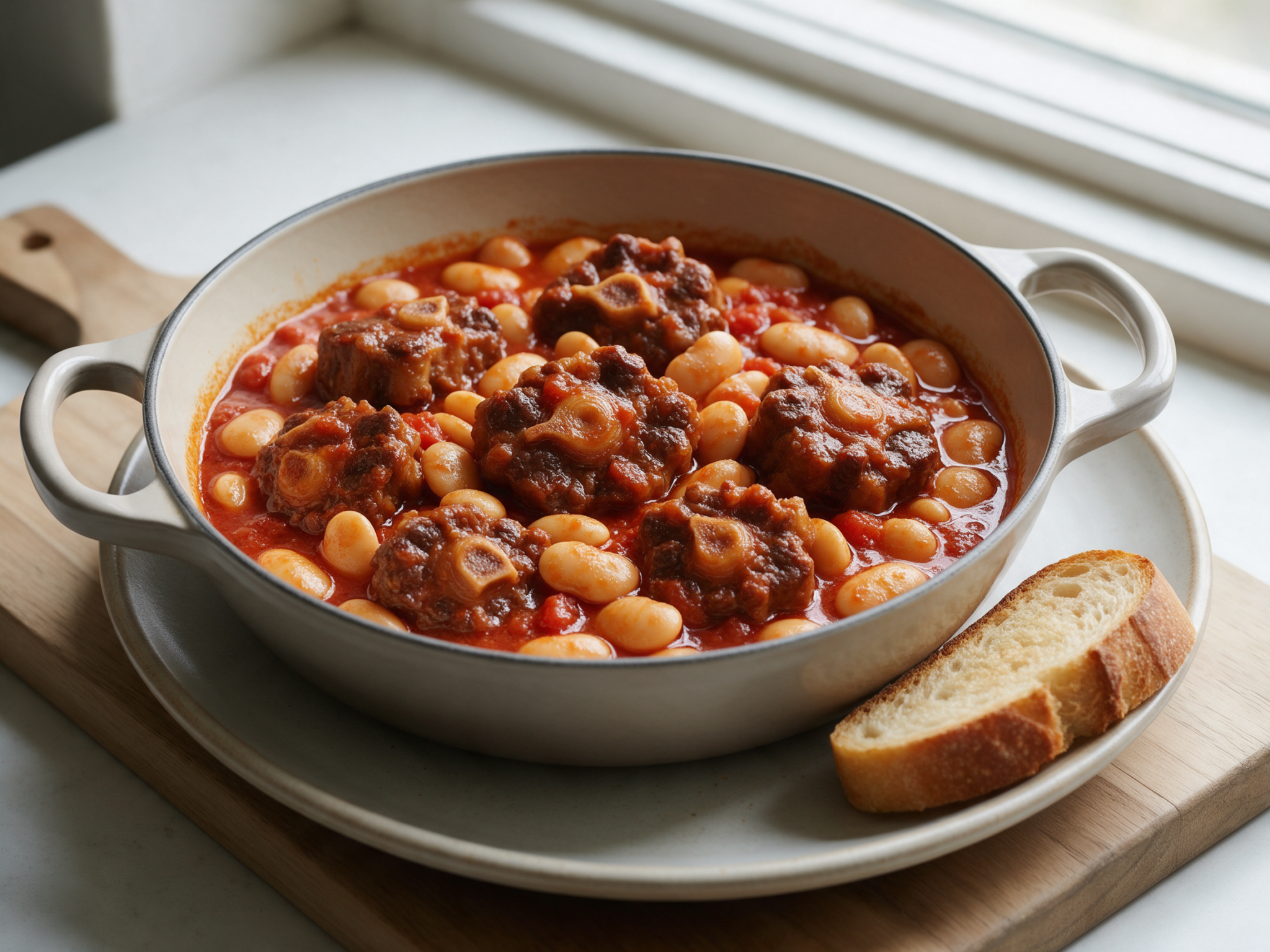Dutch oven of braised oxtail pieces with butter beans in a thick red wine tomato sauce beside bread