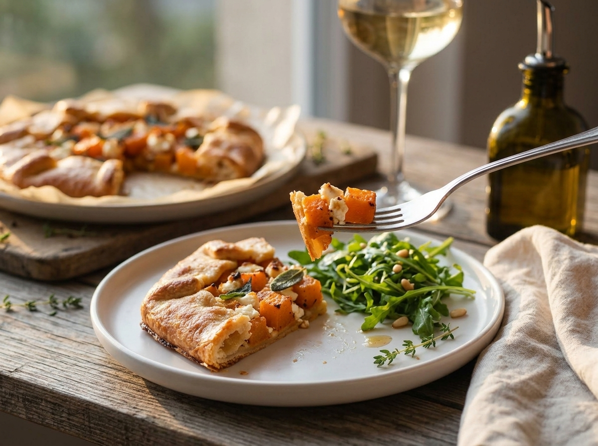 Sliced wedge on a white plate beside arugula salad, linen napkin and a glass of white wine on a wooden table