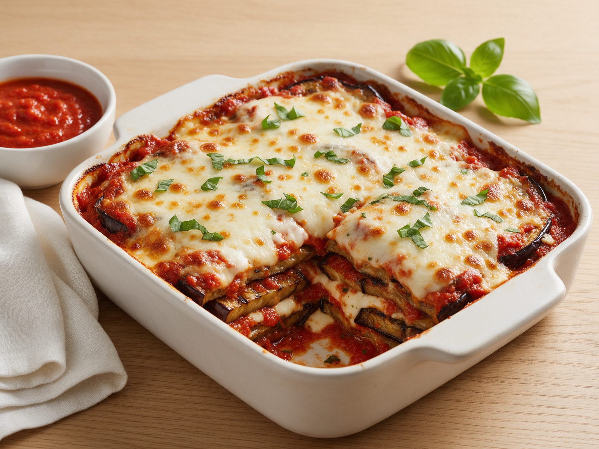 Baked grilled aubergine parmigiana in a white dish, bubbling mozzarella, torn basil, one square lifted out