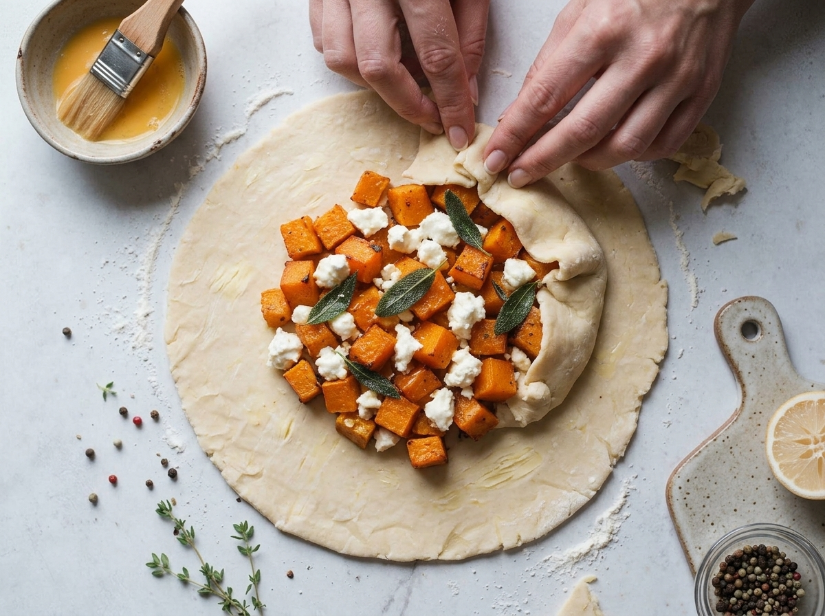 Hands pleating the dough border over cooled butternut cubes and crumbled goat cheese on a floured work surface