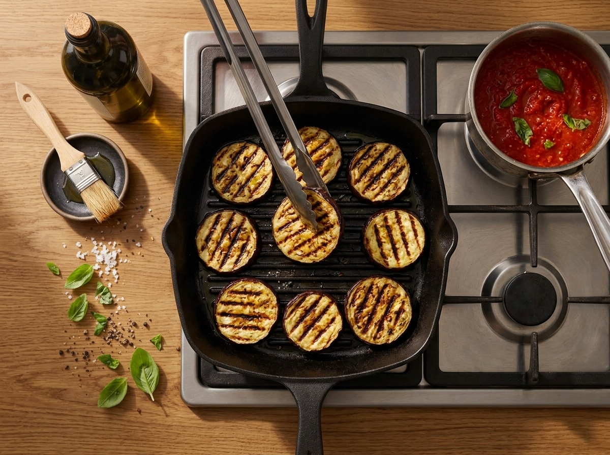 Oiled aubergine slices with dark grill marks being turned with tongs on a ridged pan