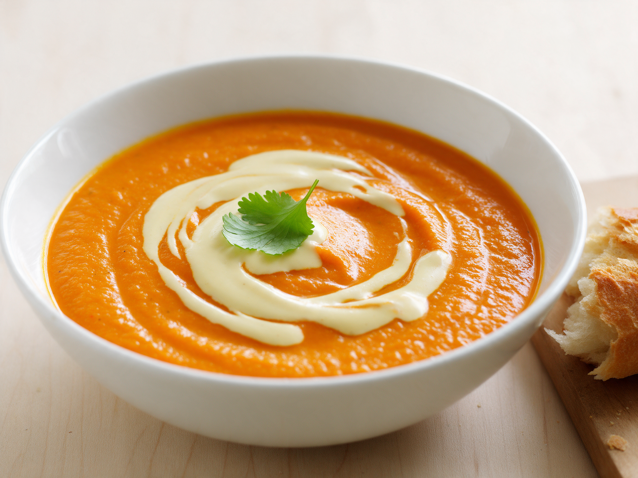 Smooth orange carrot coriander bisque with cream drizzle and fresh coriander leaves