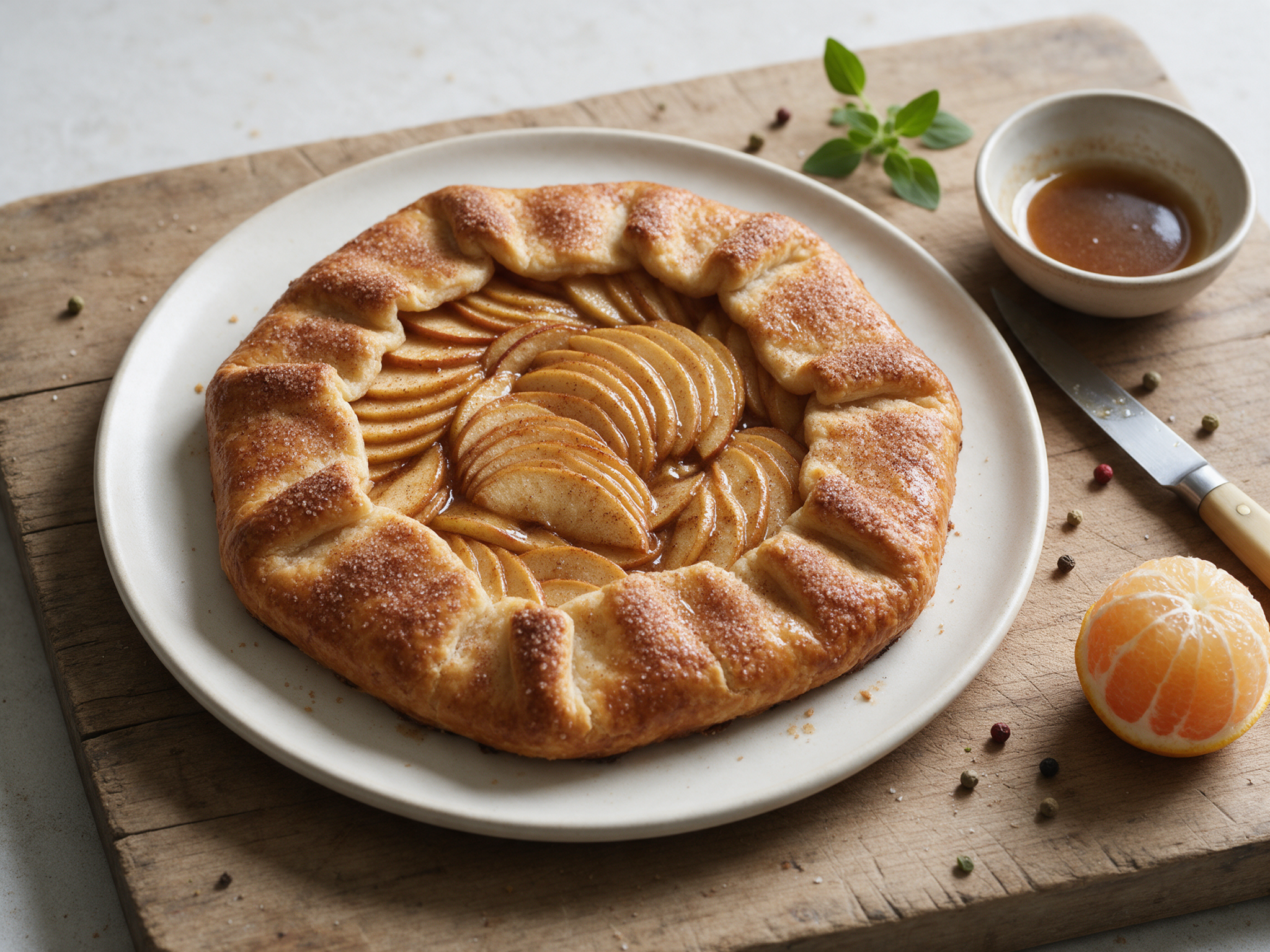 Rustic apple galette with a pleated, cinnamon-sugared golden crust on parchment, shot at 45 degrees in window light