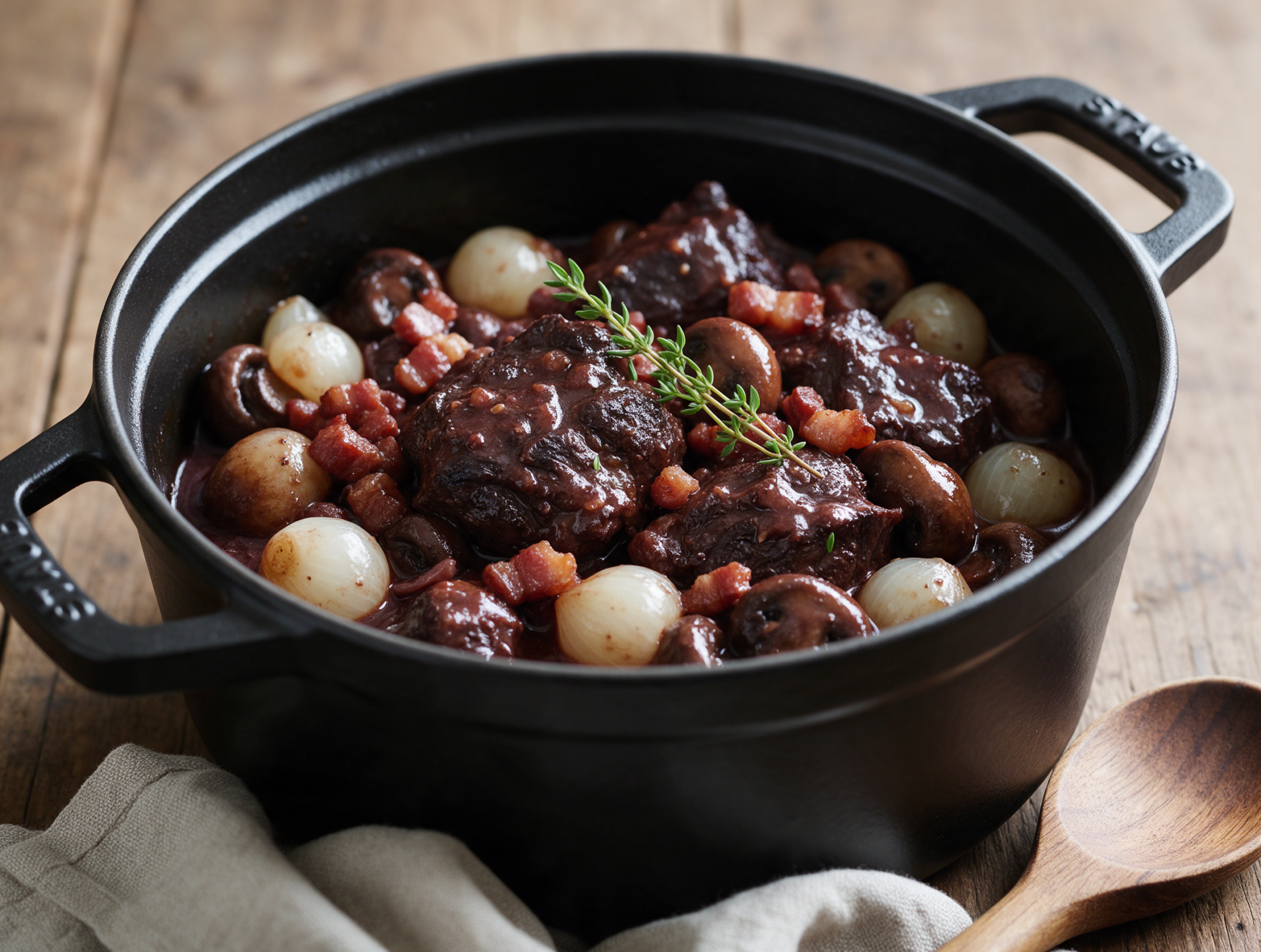 Dutch oven of beef cheek bourguignon with lardons, pearl onions and mushrooms in glossy red wine sauce