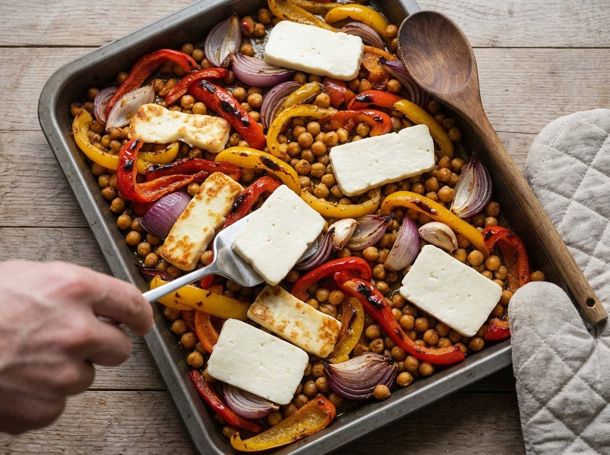 Halloumi slices being nestled between half-roasted peppers and chickpeas just before the final bake