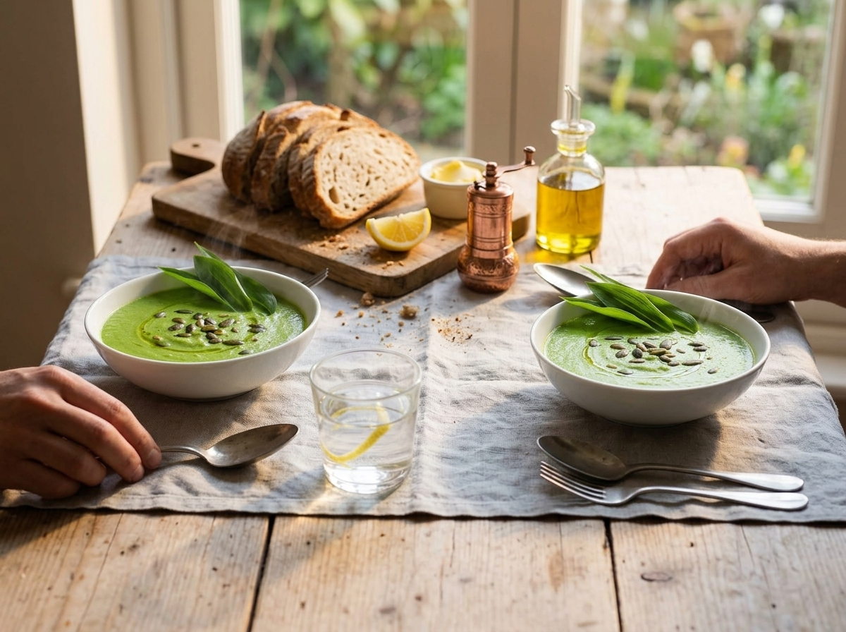 Two people sharing steaming soup bowls and sourdough slices at a sunlit kitchen table in early spring