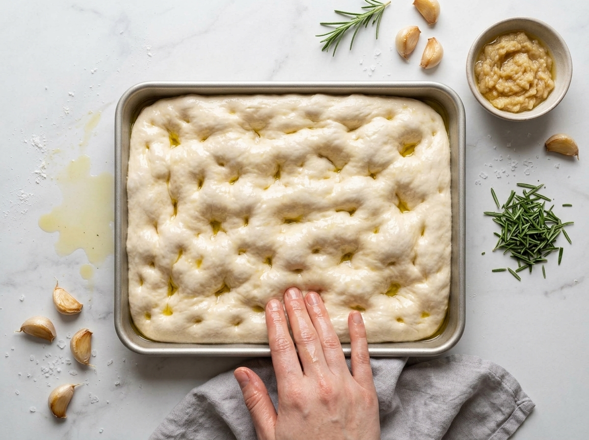 Oiled fingertips pressing deep dimples into puffy focaccia dough beside a bowl of mashed garlic paste and chopped rosemary