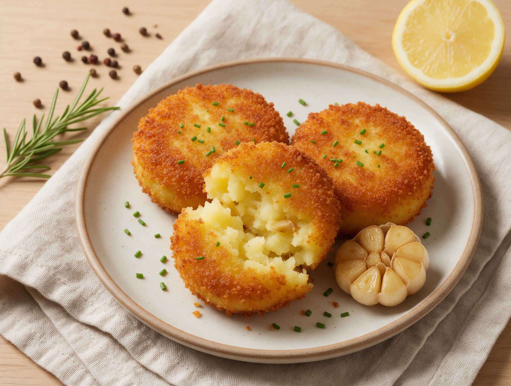 Panko-crusted potato cakes with chives, one split open, beside a roasted garlic head