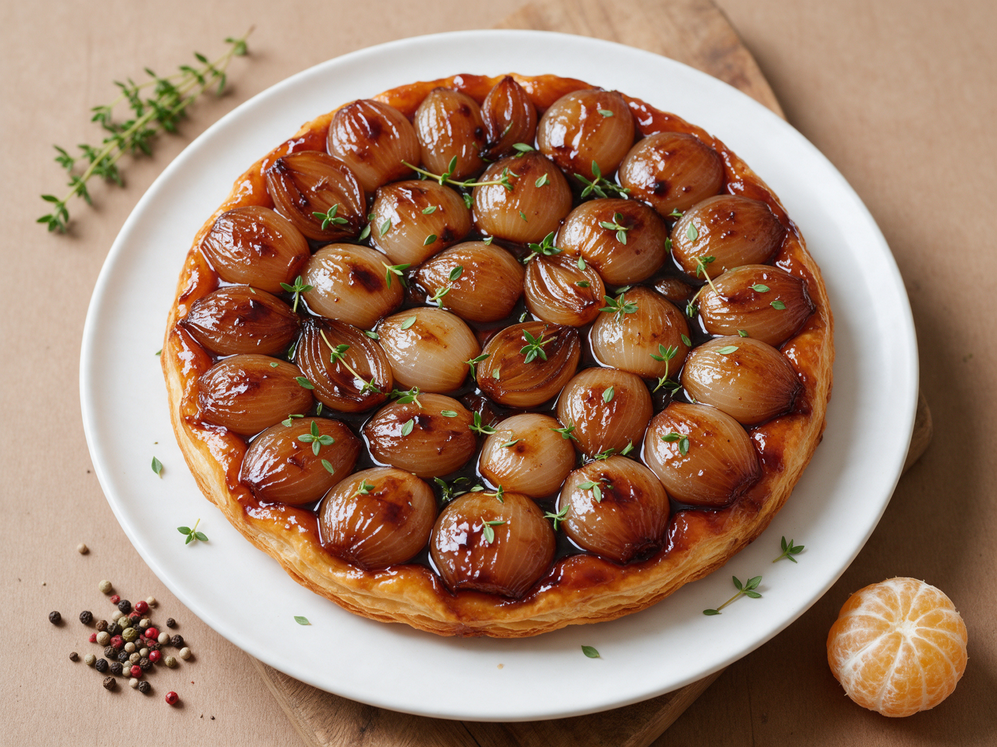Flipped shallot tarte tatin on a white plate with glossy amber shallots and fresh thyme on a wooden board
