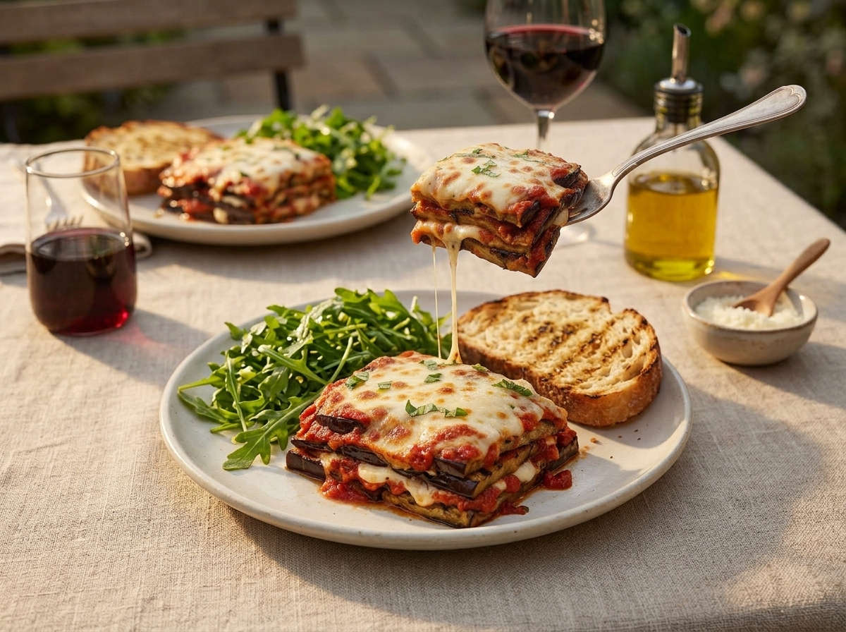 Two plates of aubergine parmigiana with arugula salad and bread on a linen-covered outdoor table