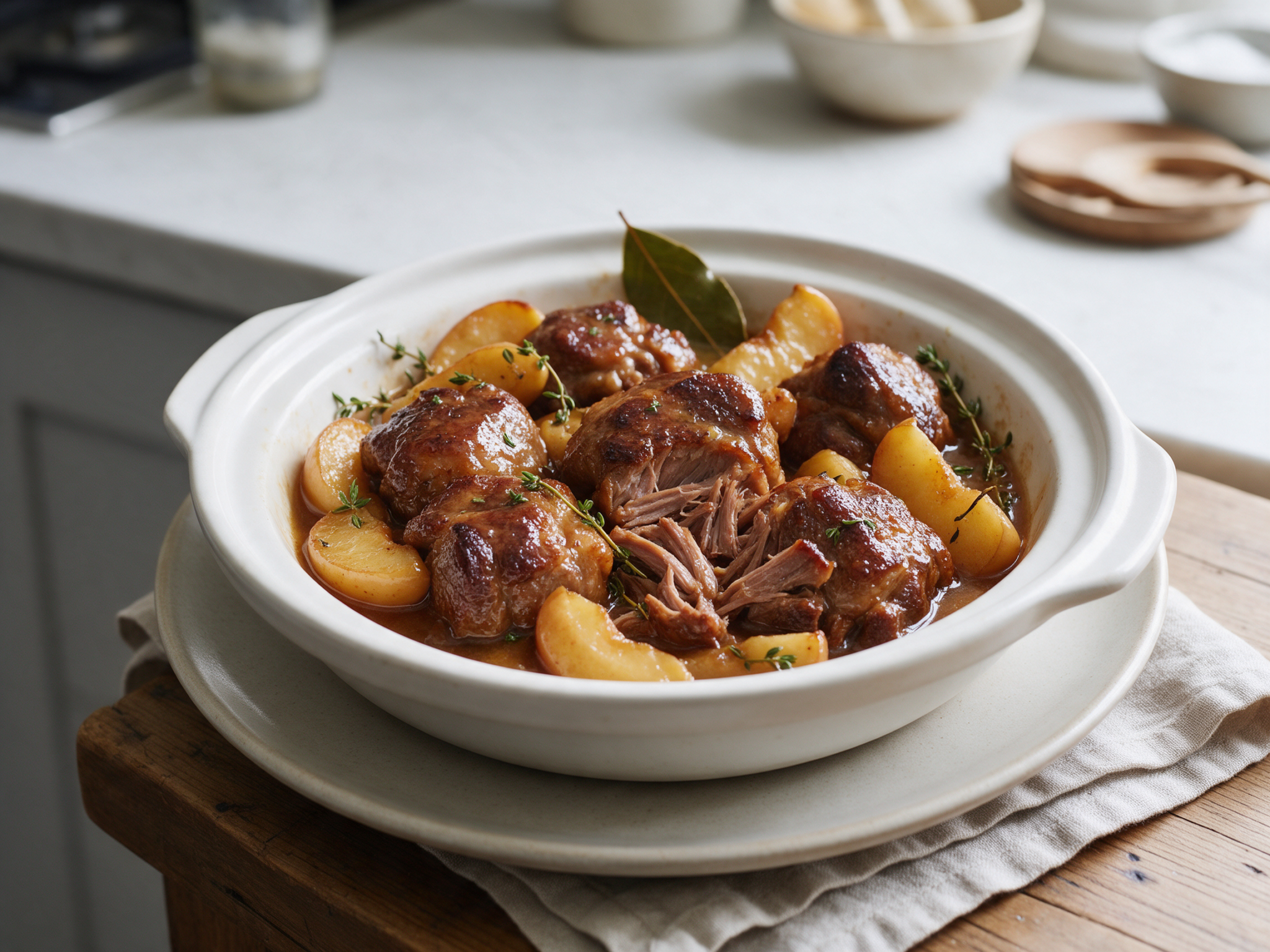 Braised pork cheeks with apple wedges, thyme and a reduced cider sauce in a shallow white casserole