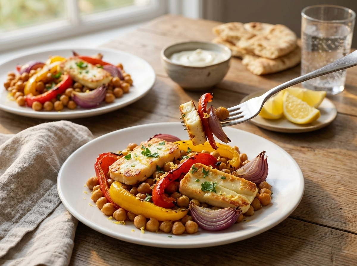 Two plates of the traybake with lemon wedges and flatbread on a linen-covered table by a window