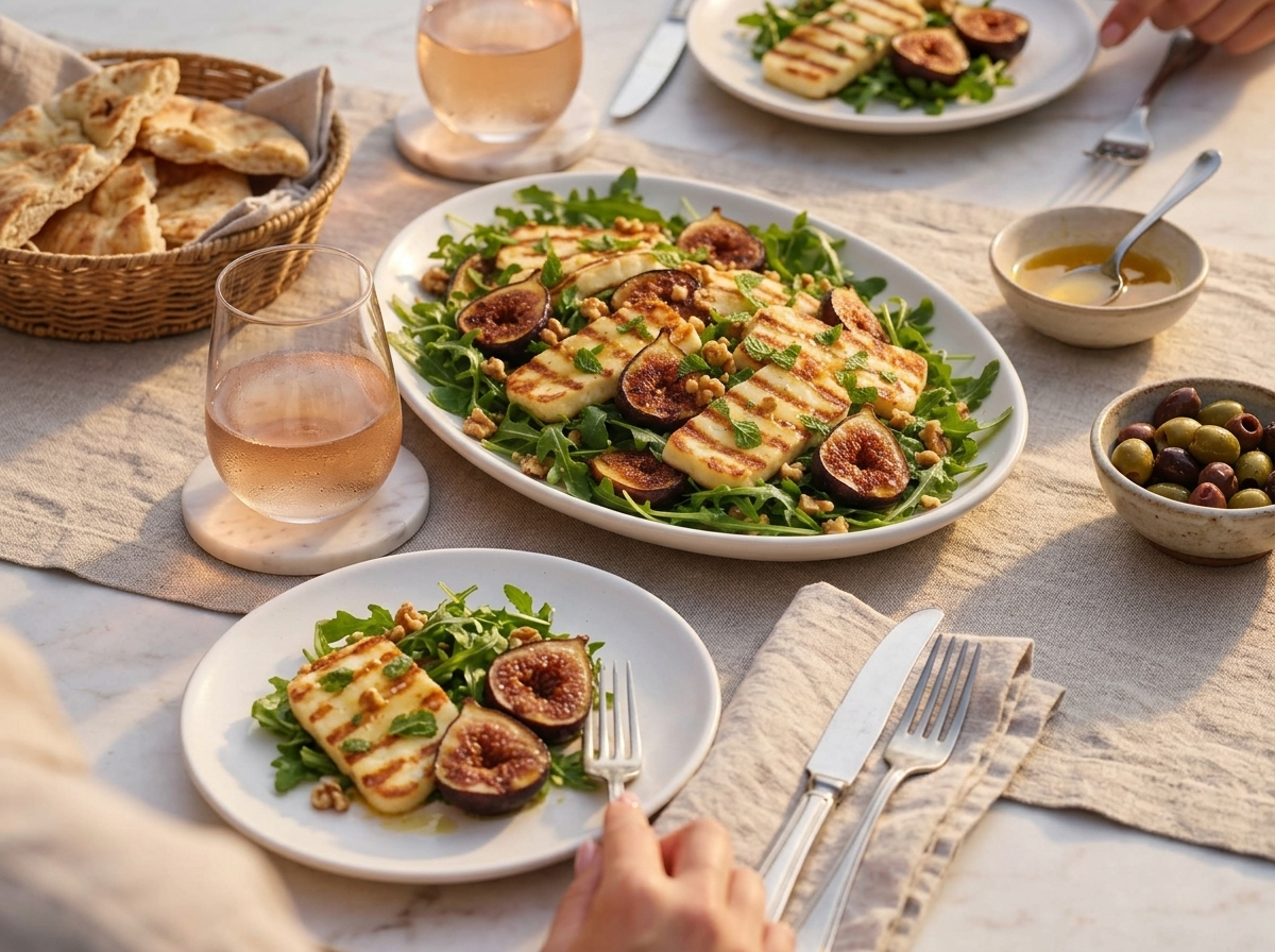 Two plates of the salad on a linen-covered table with torn flatbread and a glass of chilled rosé at dusk