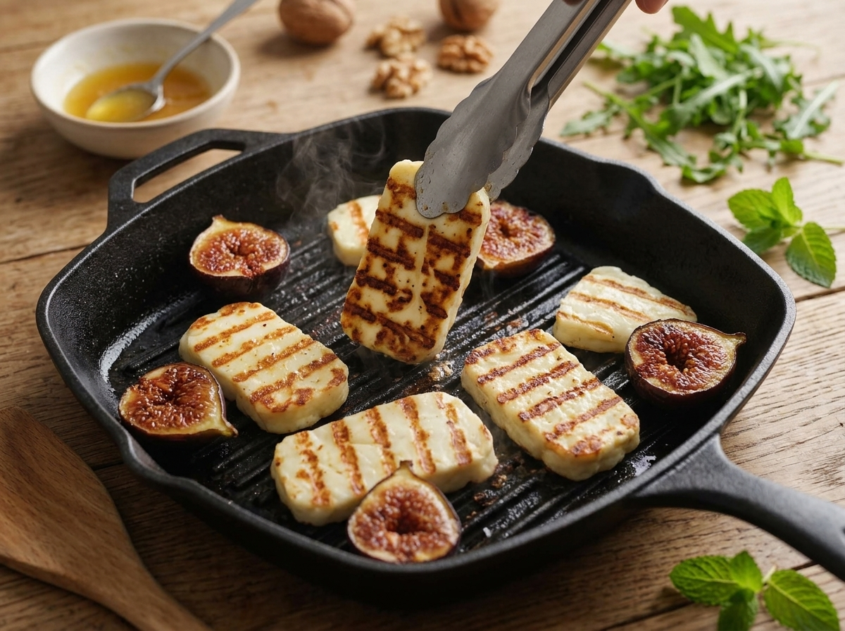 Halloumi slices with dark grill marks sizzling in a cast-iron ridged pan while tongs lift one mid-flip