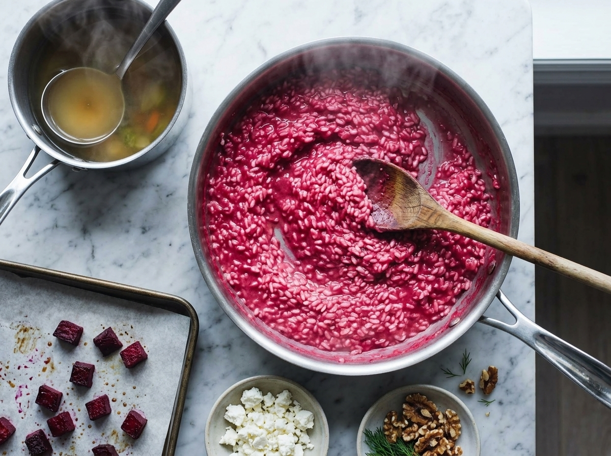 Wooden spoon stirring pink puree into arborio rice in a deep sauté pan beside a pot of hot stock